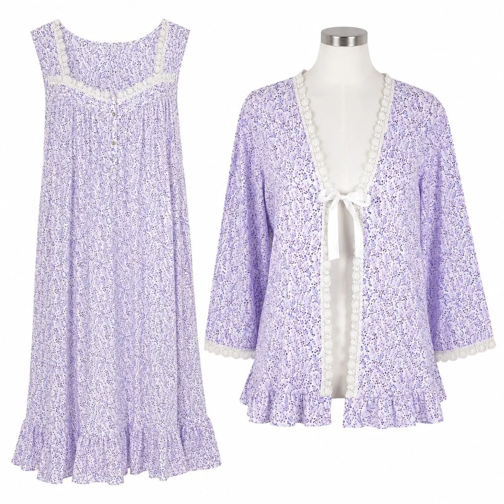 Eileen West 2 Pc Nightgown Set XXL Bed Jacket Robe Floral Purple Cottage Prairie